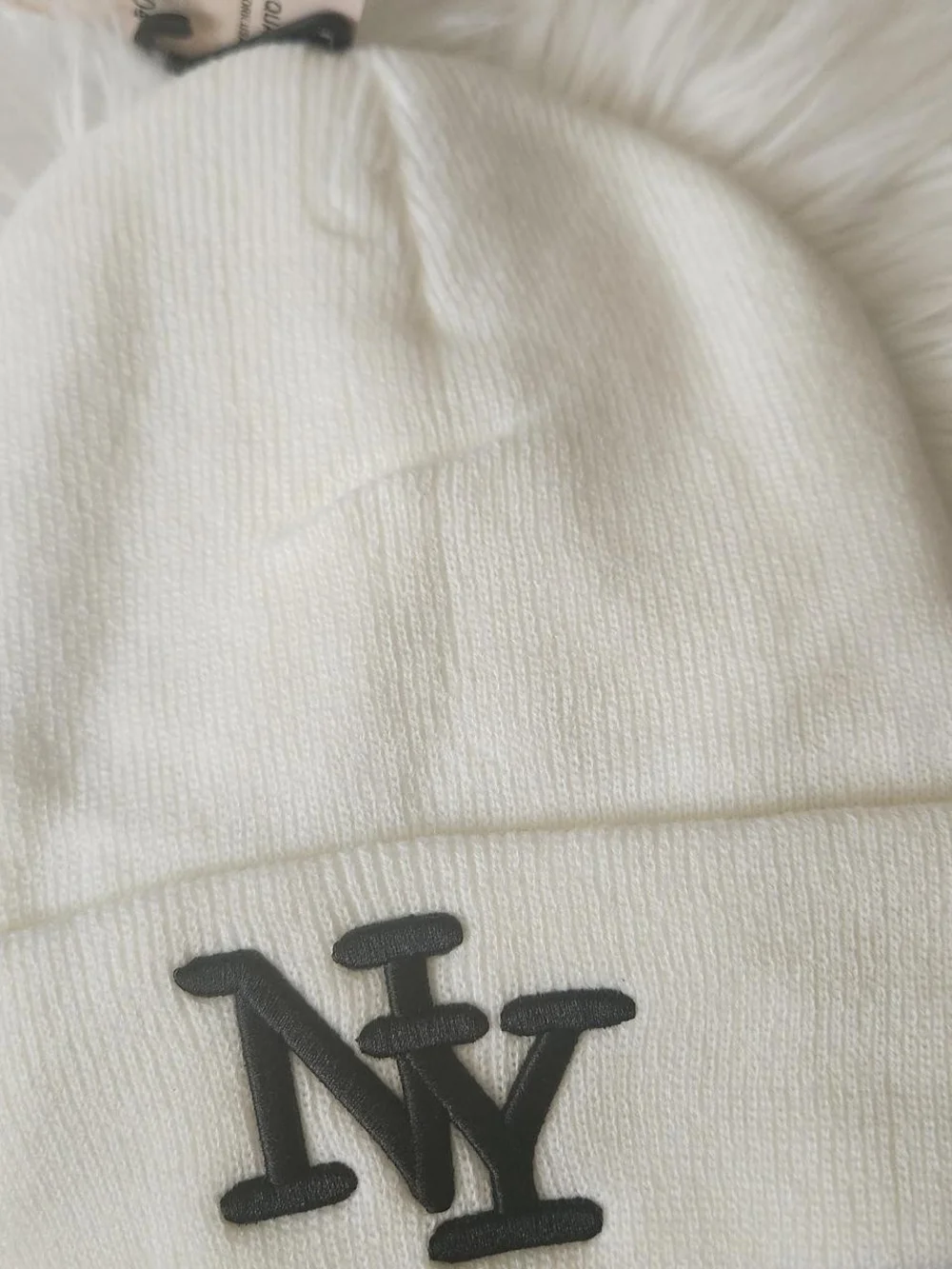 NY Embroidered White Knit Beanie - Men